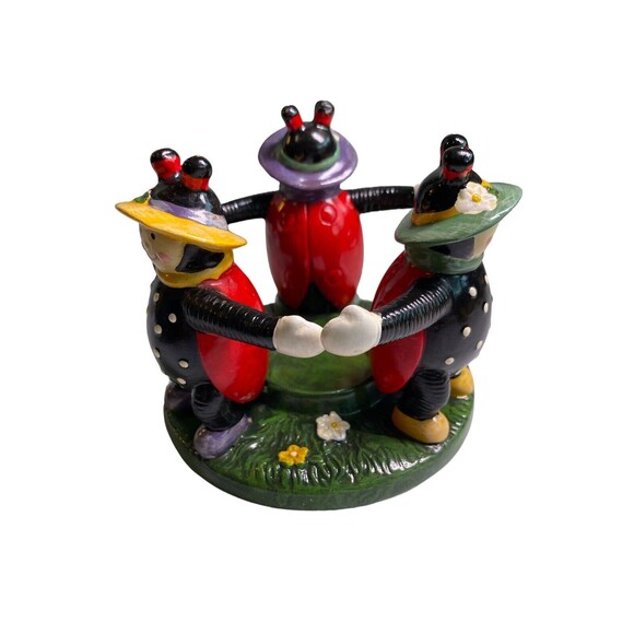Ladybug Votive Tealight Candle Holder Trio Holding Hands Flower Garden Vintage - Picture 3 of 13